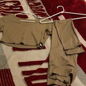 SHEIN Tan Ribbed Crop Top and Pants Set